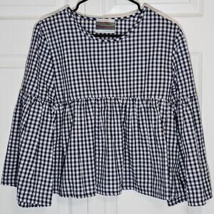 Urban Renewal The Ragged Priest Women's Gingham Crop Blouse Large Blue White